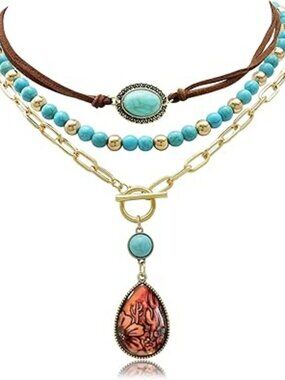 New Layered Western Cowgirl Necklace Boho Turquoise Beaded Teardrop Cactus